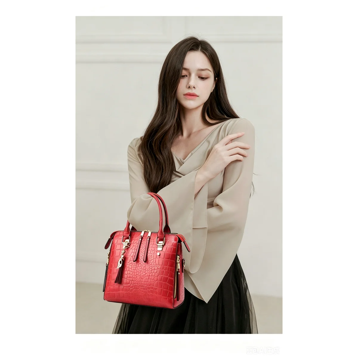 Luxury Crocodile Embossed PU Leather Tote Bag Women Elegant Solid Color Tassel Shoulder Crossbody Satchel Versatile Fashion Hand