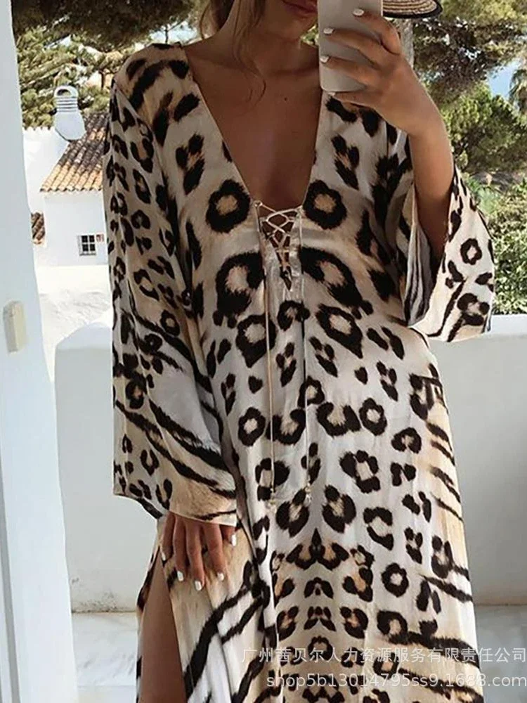 Women Leopard Print Long Dress V Neck Lace Up Split Midi Waist Dresses Full Sleeve Loose Splice Casual Autumn Summer Vestidos