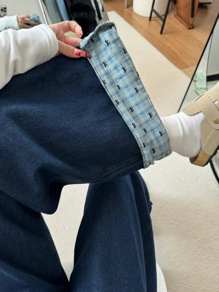 アメリカンハイストリートデザインの格子柄スプライシング、裏地付きデニムパンツ、レディース秋冬ルーズストレートワイドレッグフロアレングス...