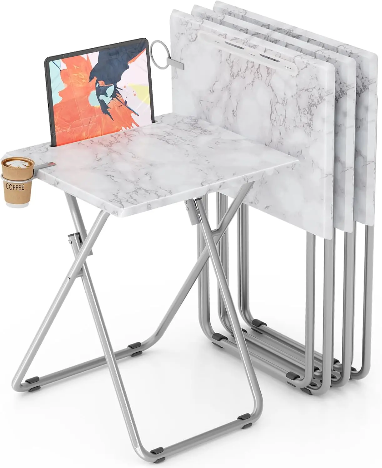 TV Tray Table,Folding Table with Cup Holder Portable,Foldable Snack Tray for Eating,Small Folding Tables Set of 4,Dinner