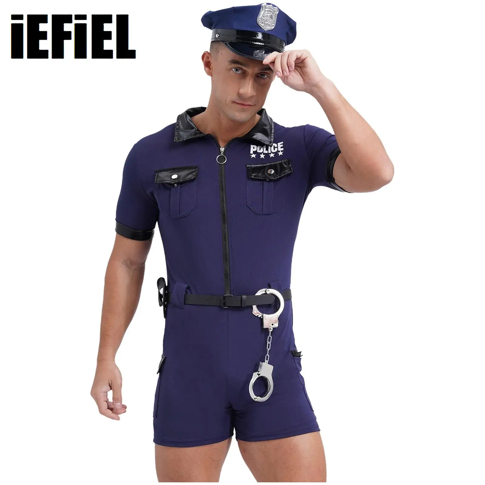 Men's Policeman Outfits Role Play Dirty Cop Front Zipper Short Sleeve Jumpsuit with Belt Purse Hat Cuffs Costume