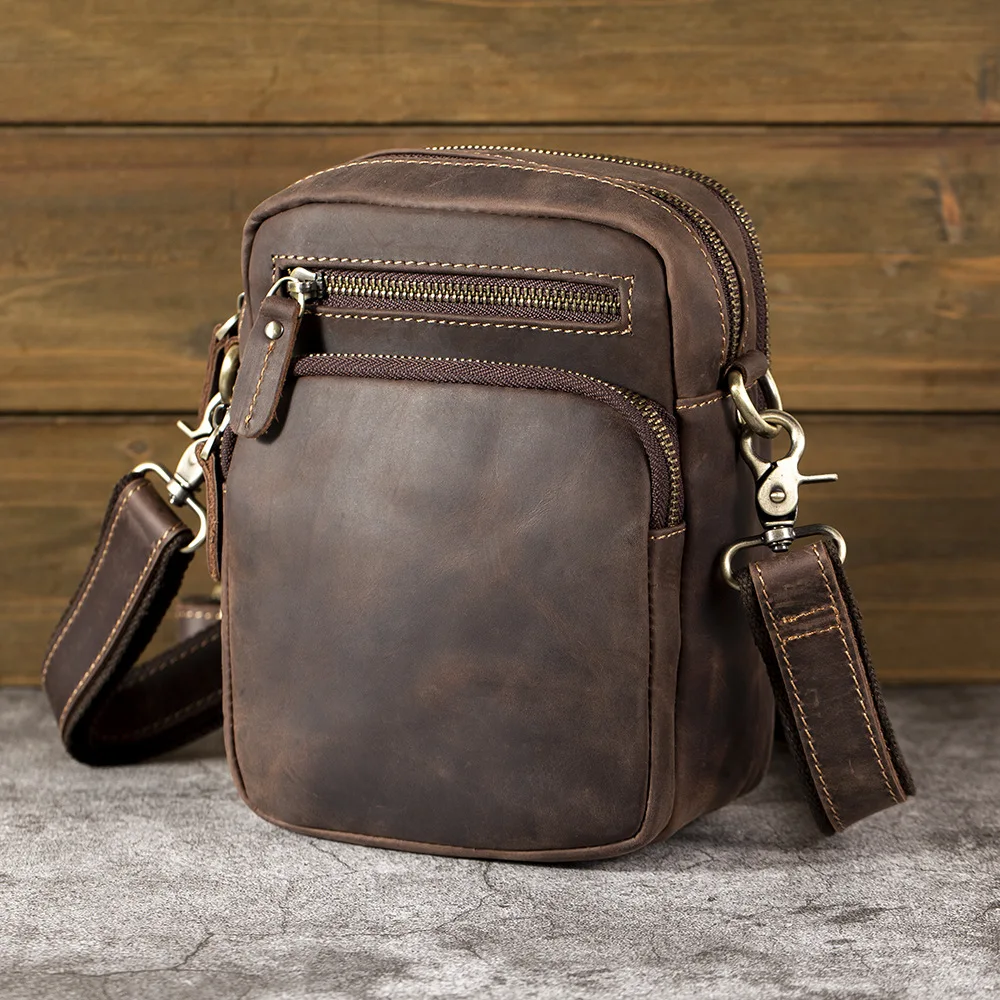 Genuine Leather Men's Shoulder Bag Vertical Multi-compartment Crossbody Bag
