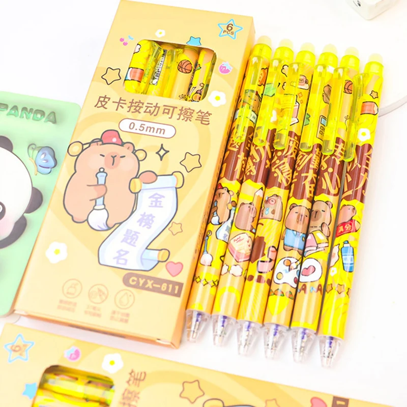 6Pcs Kawaii Capybara Löschbaren Gel Stift Set Schnell Trocknend Drücken Neutral Stifte Schreiben Glatte Stifte Student Schreibwaren Geschenke