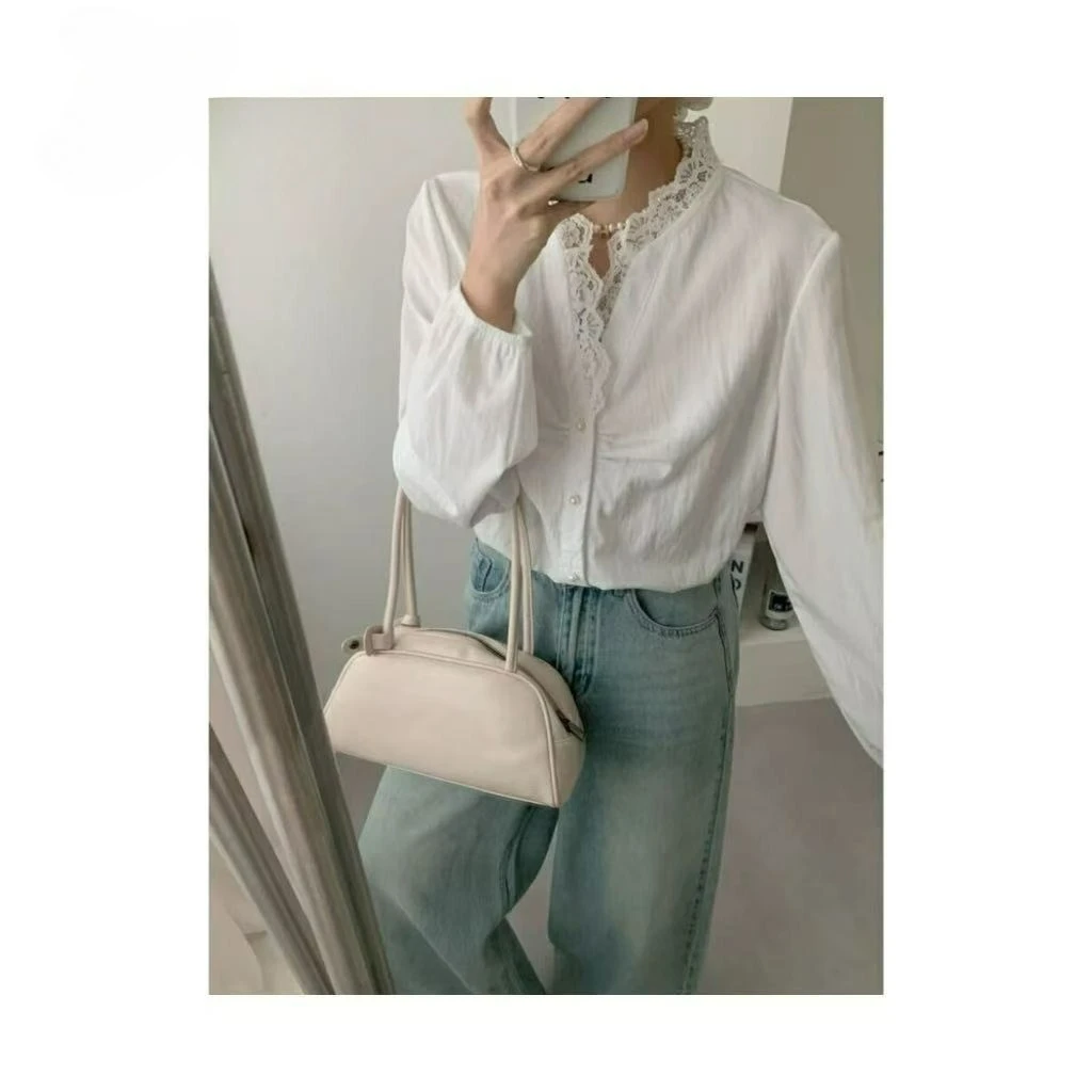 

2026 Spring Splicing Lace Shirt Pearl Buckle Design Pleated Long Sleeve Top Shirt