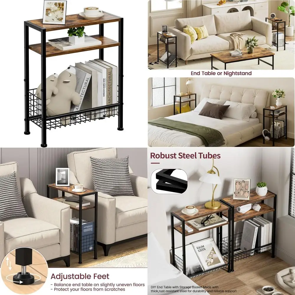 

Compact 3-Tier Storage Side Table with Basket, Rustic Brown, Ideal for Small Spaces and Various Rooms