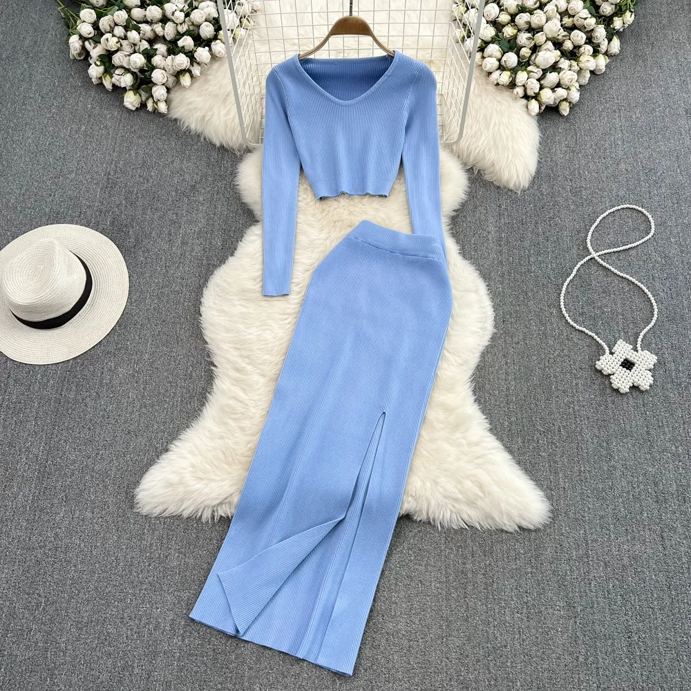 Neploe Moda V Neck Solid Knit Slim Sets Jumper High Waist Vent Mid-length Bodycon Faldas Luxury Harajuku Korea Suit Mujer Faldas