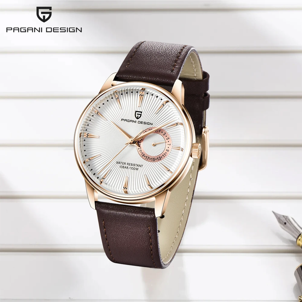 パガーニデザインレザービジネスメンズ腕時計防水ローズゴールドステンレススチールファッション日付ホリデーギフトメンズ腕時計-ボックス