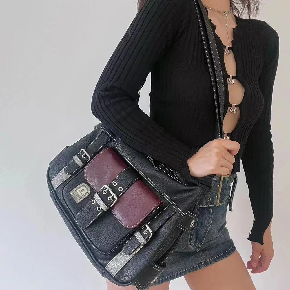 Damska torba typu Messenger w stylu Vintage Y2K ze skóry PU kontrastowa kolorowa torba na ramię z wieloma kieszeniami, wszechstronna torba typu