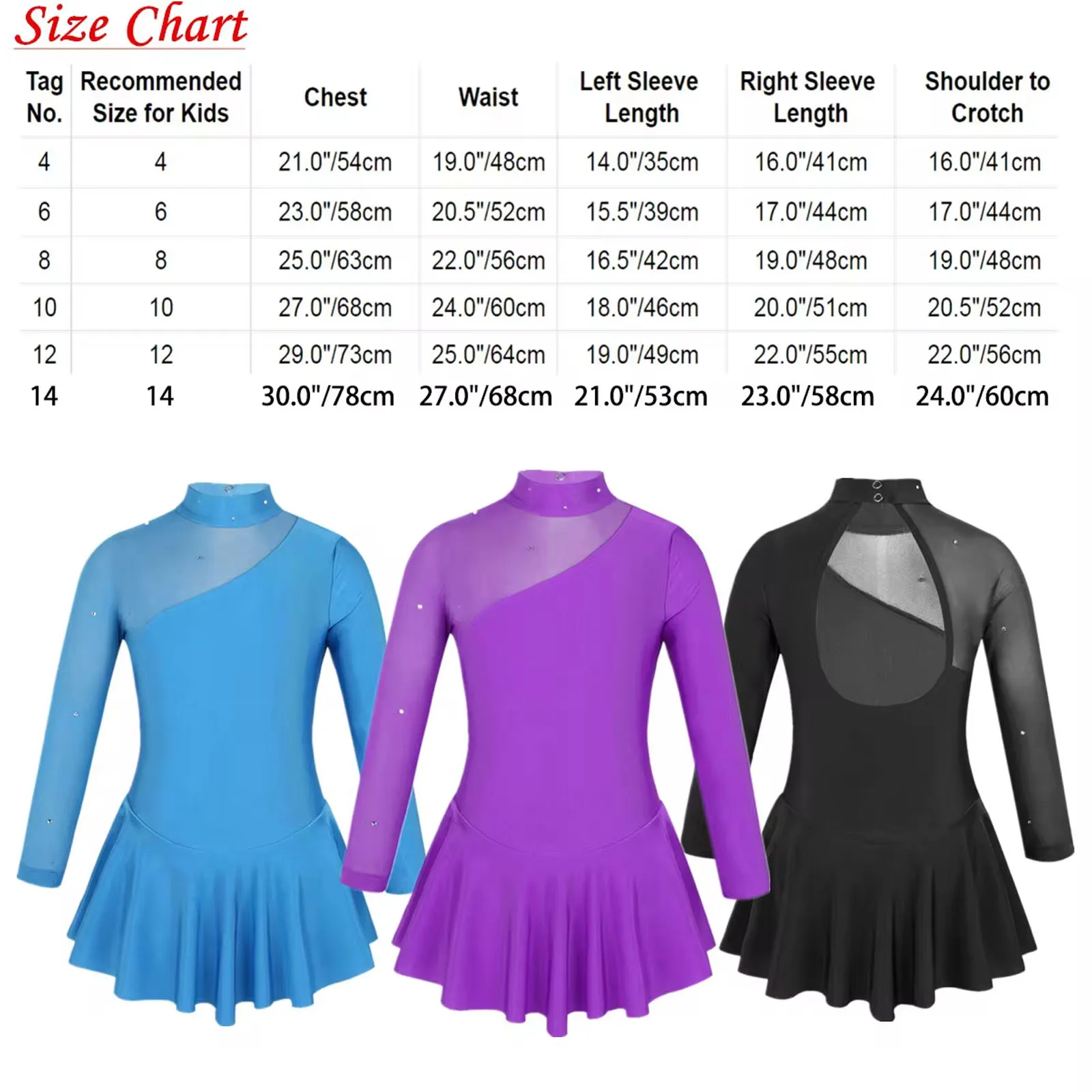 Figure Ice Skating Dress for Kids Girls Long Sleeve Rhinestone Ballet Gymnastics Leotard Mesh Tutu Dance Performance Costume