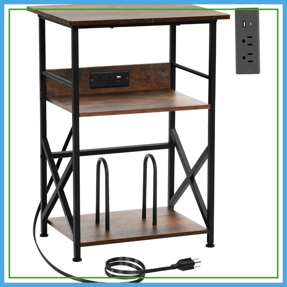 

3-Tier Record Player Stand with Charging Station, Side Table for 100 Vinyl Storage, Living Room Bedroom
