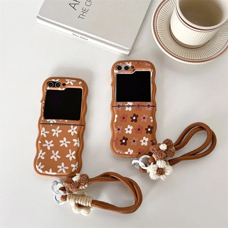 

White Brown Flower Lanyard Phone Case for Samsung Galaxy Z Flip 6 5 4 3 Protective Back Cover for ZFlip4 ZFlip5 ZFlip6 Case