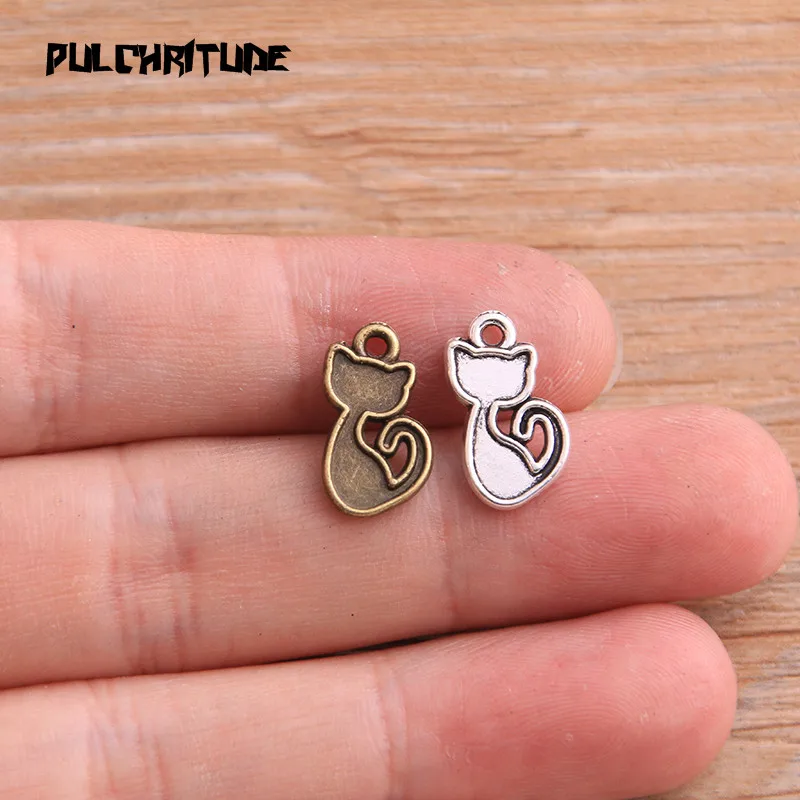 30PCS 9*15mm Metal Alloy 2020 New Two Color Small Cat Charms Animal Pendant For Jewelry Making DIY Handmade Craft