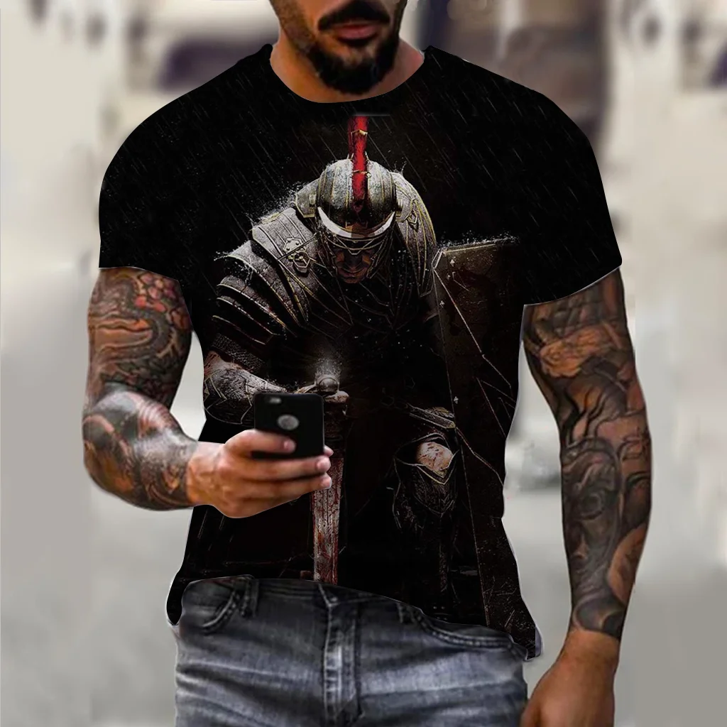 Vintage T Shirts For Men Spartan Pattern 3D Printed Short Sleeve Summer Fashion Oversized T-shirt  Men\'s Casual Clothing Tops