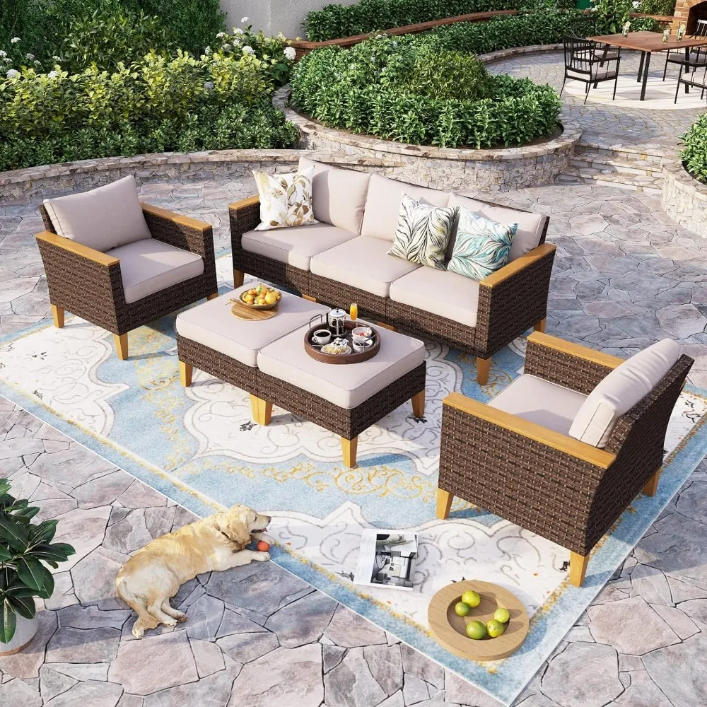 Backyard Outdoor Garden Furniture Sets Wicker Patio Furniture Set 2 X Ottoman for Deck 1 X Armless Sofa Table Chair Lounge