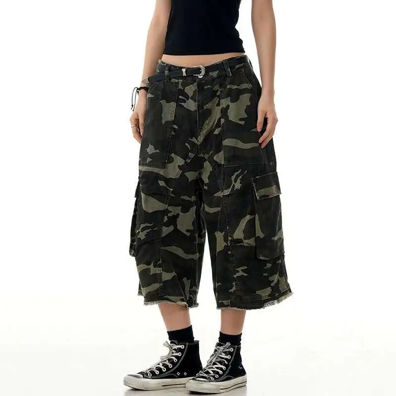 

Pants Camouflage Cropped Y2k Men's Wear Summer High Waist Over Knee Length Wide Leg Trendy Jeans Sports Baggy Men QG2L