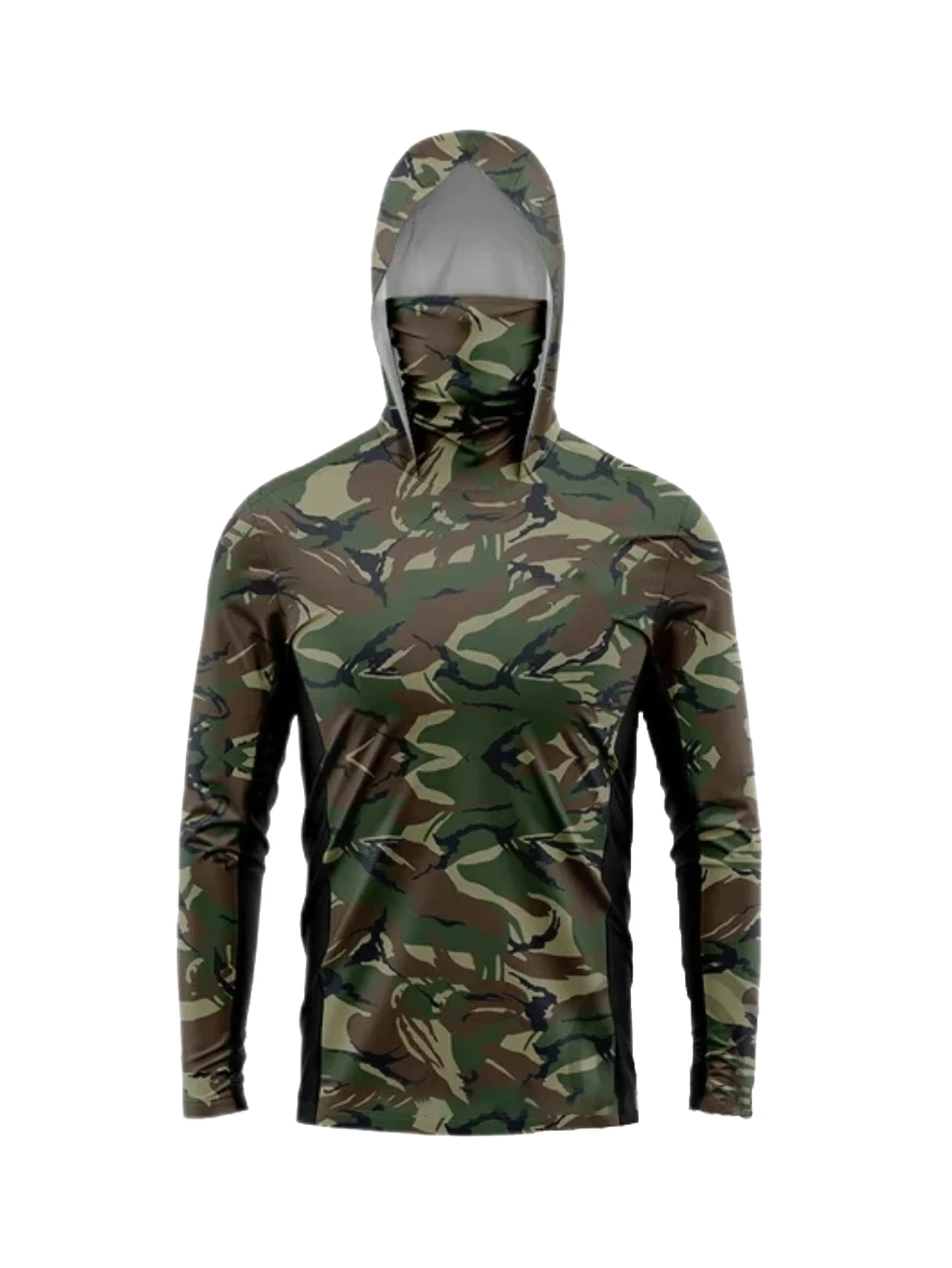 Outdoor Fisherman Hooded Long Sleeve T-shirt, Gradient Neon Camouflage Anti-UV Shirt with Integrated Neck Gaiter view 5