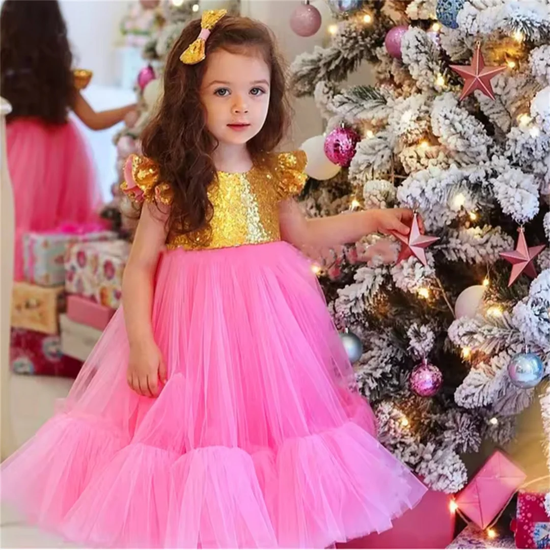 Tulle Sequins Flower Girl Dress Princess Ball Beauty Pageant First Communion Kids Surprise Birthday Present