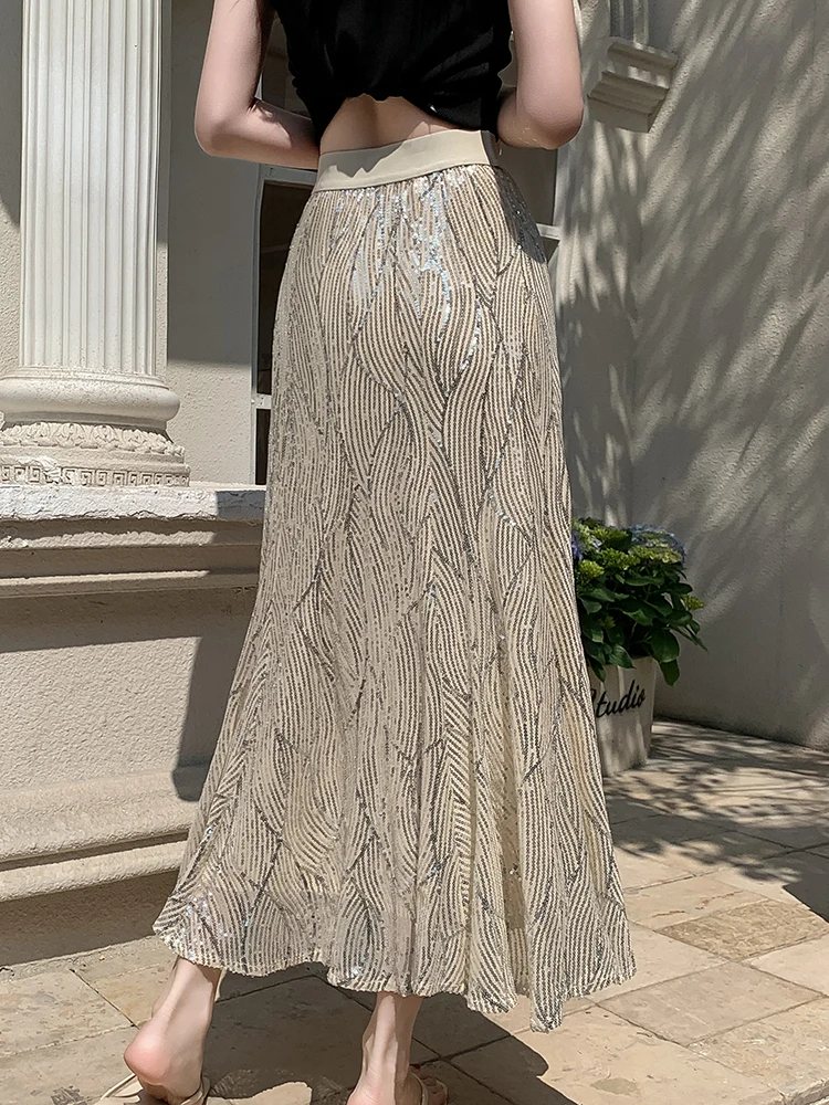 Luxury Sequins Skirts Women Summer 2025 New Loose Casual Elastic High Waist Mermaid Skirt Female Black Midi Skirt Korean Fashion