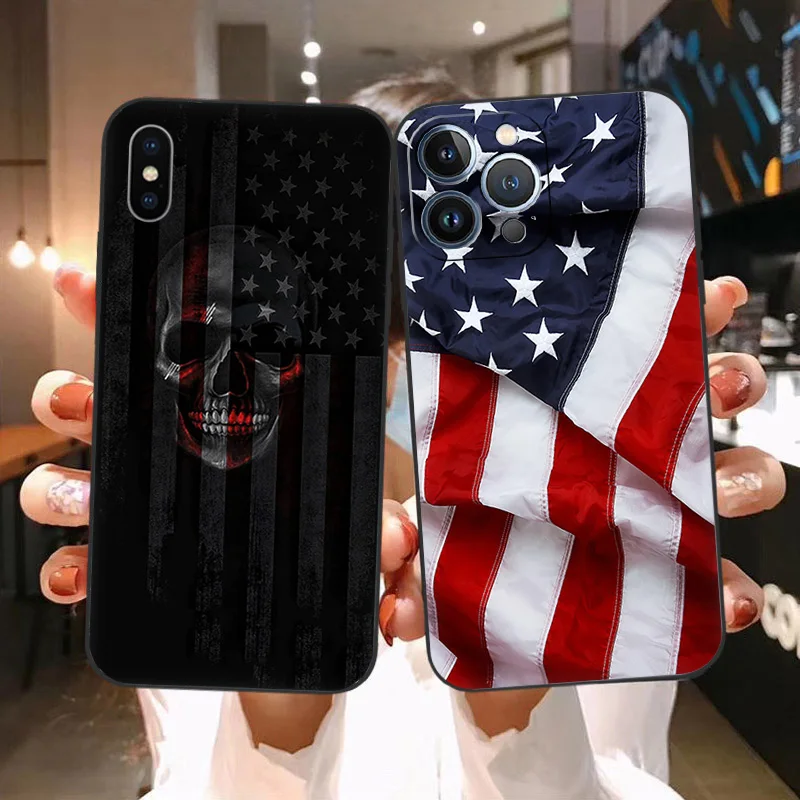 Soft Phone Cases For iphone 16 15 14 13 12 11 Pro XS Max Mini XR 7 8 Plus 16ProMax American flag Black Matte Cover