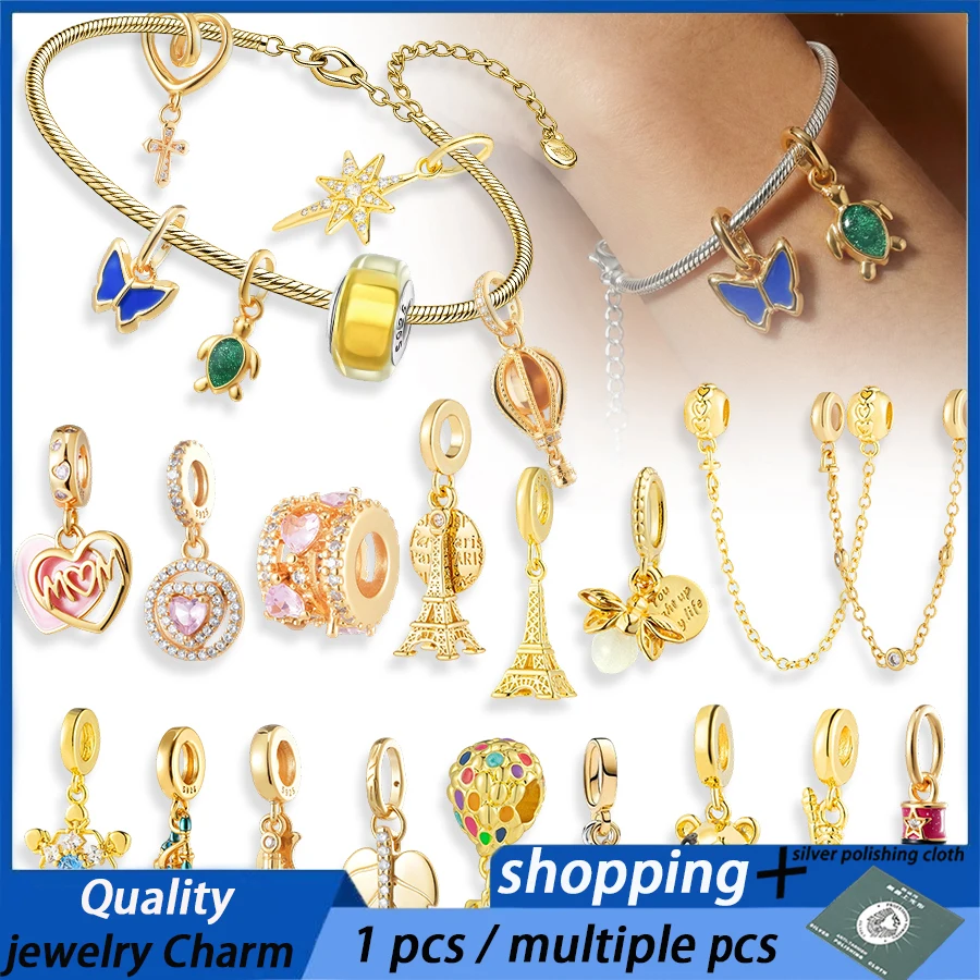 

НОВЫЙ Европейский набор шармов для браслетов: Эйфелева башня, бабочка, мультяшные бусины, инкрустированные цирконом, подвески-шармы для самостоятельного изготовления украшений из серебра 925 пробы