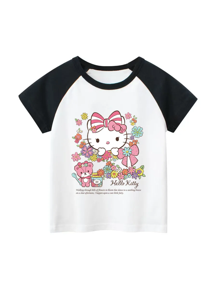

Hello Kitty Short Sleeve Graphic T-Shirt for Girls Summer Cartoon Anime O Neck T Shirts Kids Girl Cotton Tops Clothing
