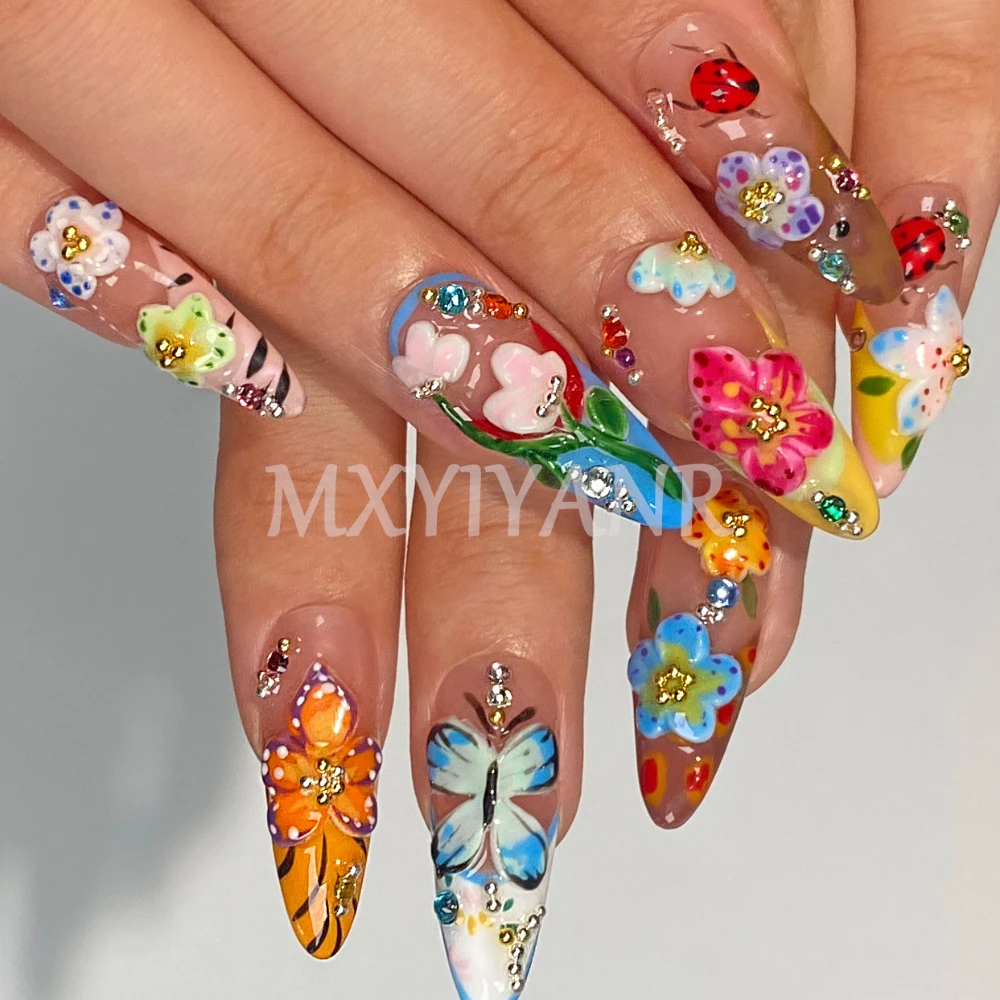 2024 New Cute 3D Flower Nails 10Pcs Handmade Manicure Medium Almond Fake Nails Press On Nails Design with Adhesive Nail File Set