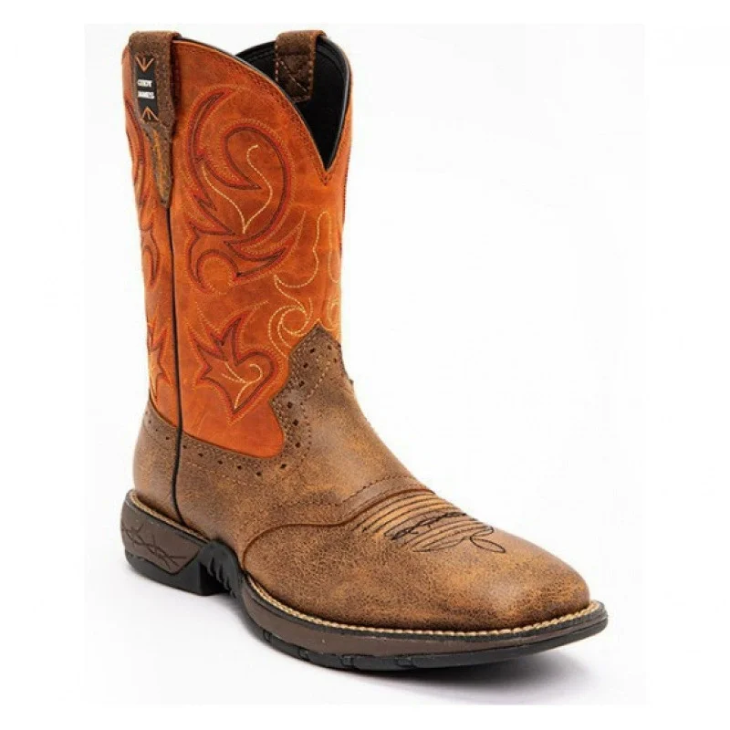

Men's Brown Western Work Boots Two-Tone Embroidered Cowboy Boots with Square Toe and Durable Rubber Sole Sturdy Footwear
