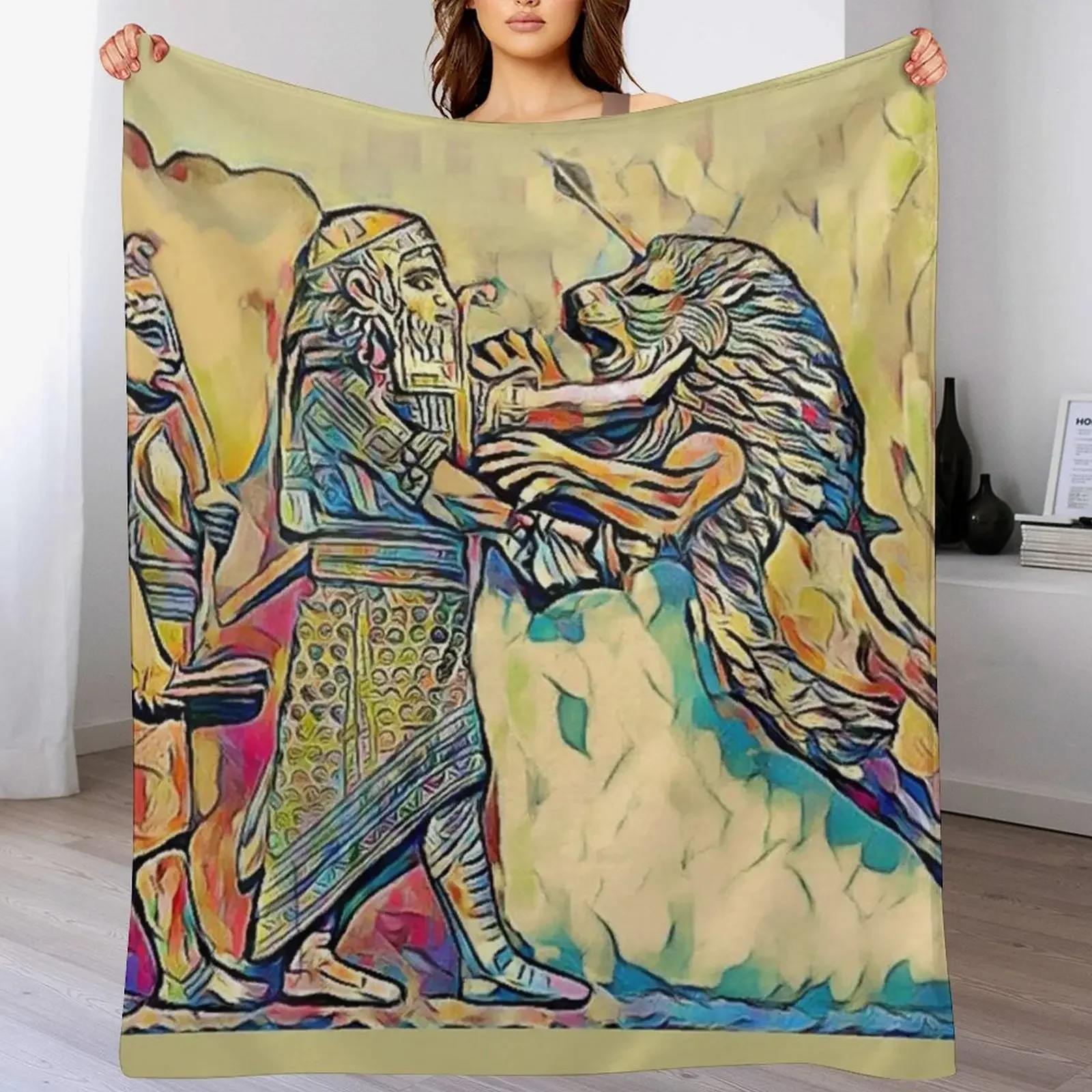 Ancient Assyrian Lion Hunting Throw Blanket Portable Lightweight Blanket for Travel Camping