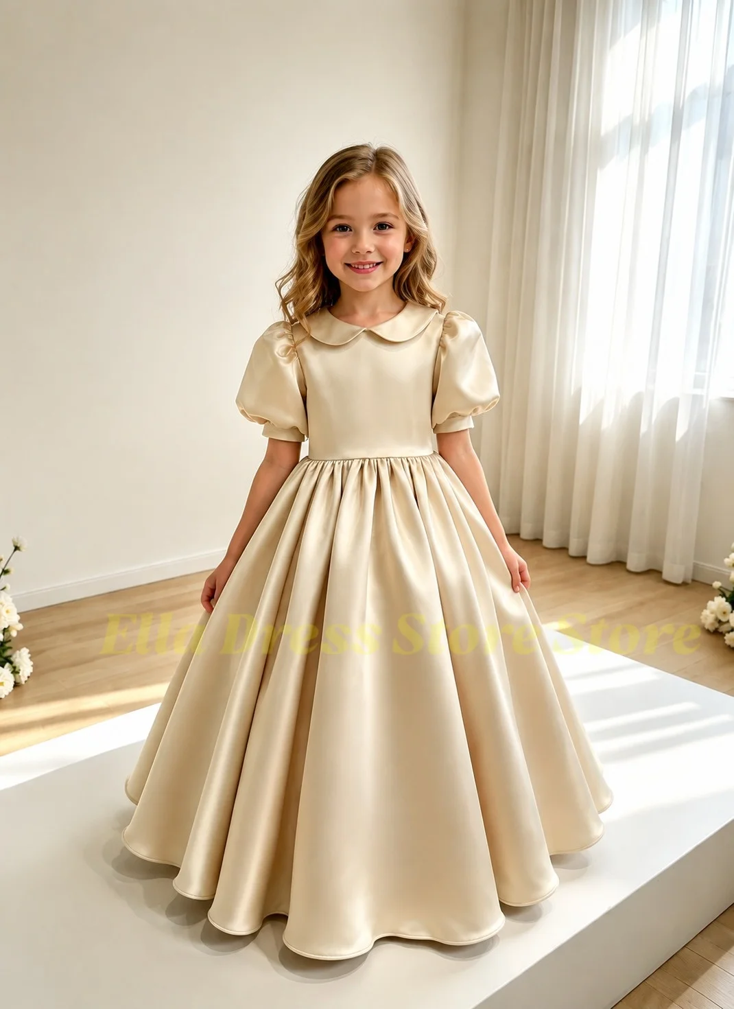 Elegantes Großhandels-Kommunionkleid aus hochwertigem Champagner-Satin, flauschiges Blumenmädchenkleid für Prinzessinnen, Hochzeiten, Geburtstage und Abendveranstaltungen. – Detail 2