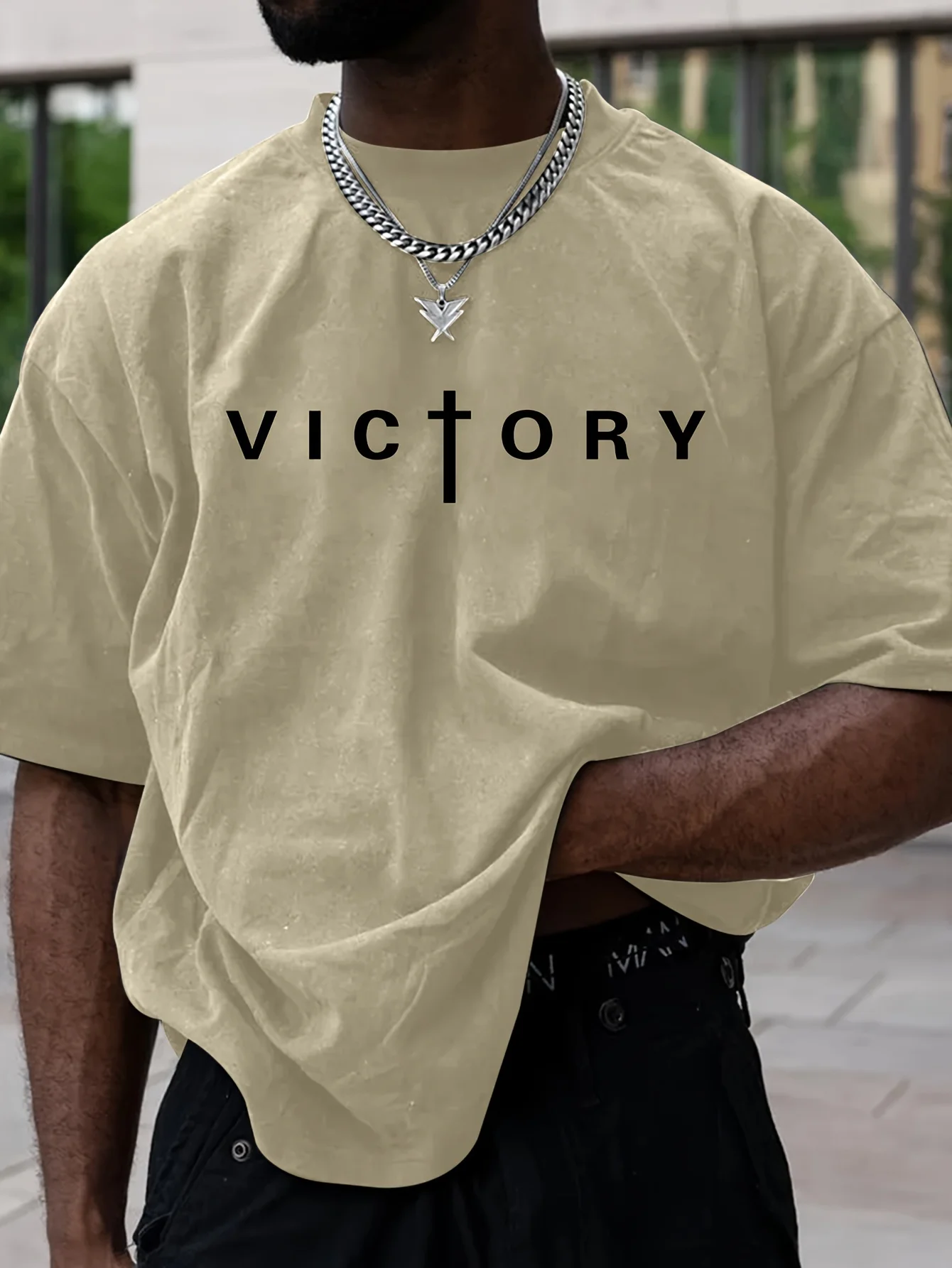 Asian Size Men's summer fashion victory print sports casual short sleeved T-shirt outdoor casual sports versatile top