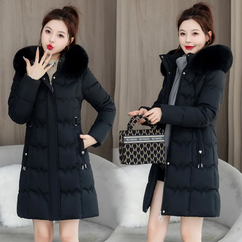 Hooded Parkas Coats Women Mid Lenth Jackets Solid Zipper Pocket Cinched Waist Drawstring Long Sleeves Thick Casual  Winter
