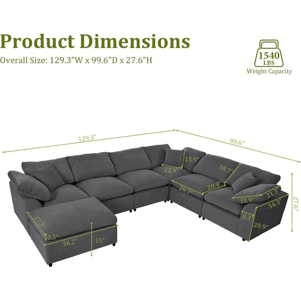 Oversized Modular Sectional Sofa, Modern Chenille Large U-Shaped Cloud Couch with Ottoman, 7 Seater Living Room