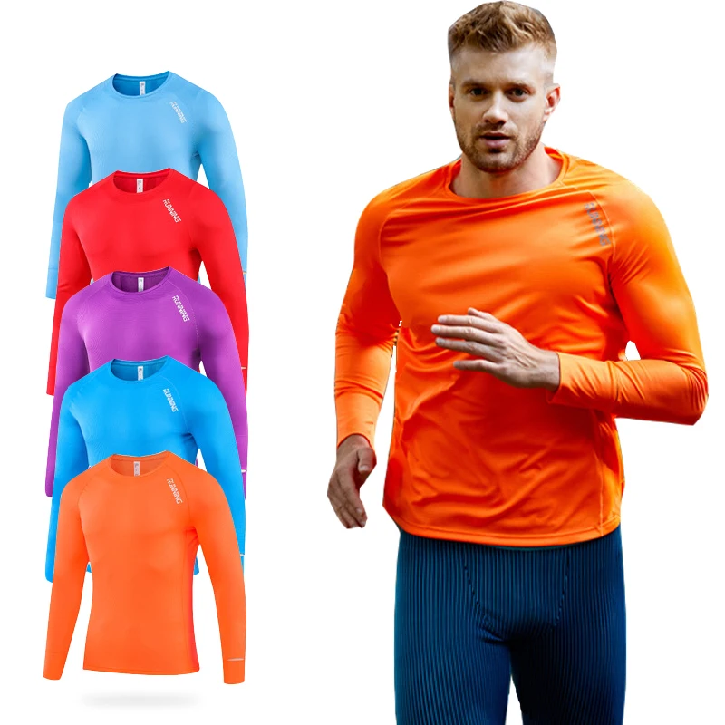 

Mens Long Sleeve Running Shirt Quick Dry Grid Fabric Lightweight Marathon Tee with Finger Hole Moisture Wicking Fitness Tops
