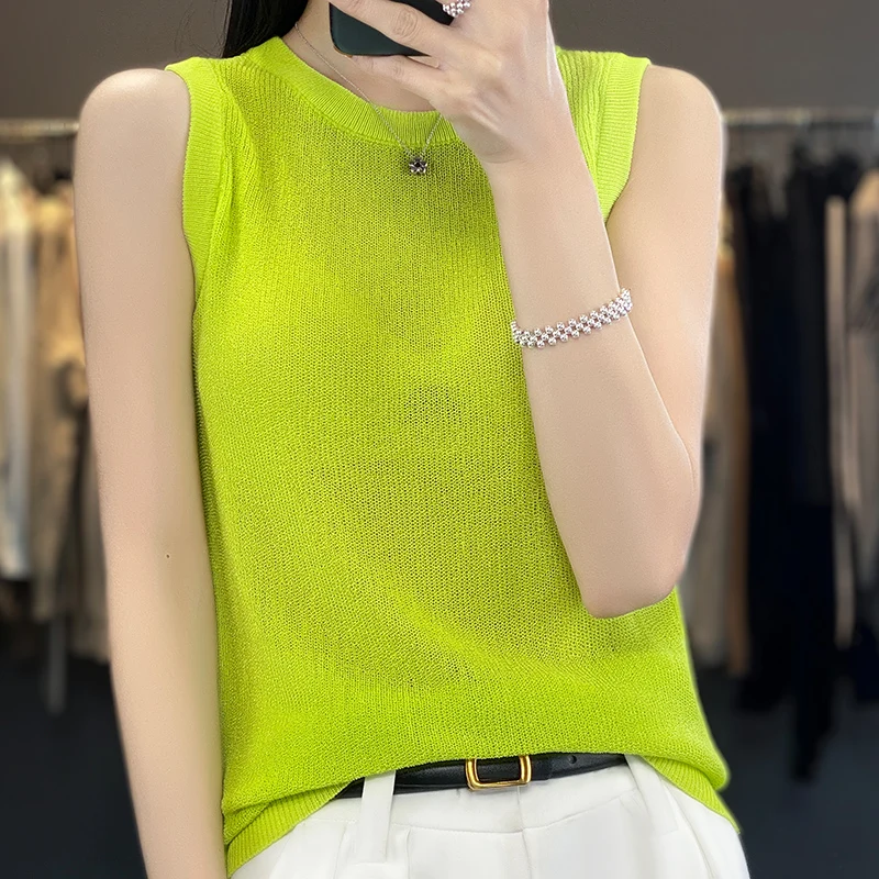 Elegant Time Is Still Ice Silk Suspender Vest Female Inside 2023 Summer Crewneck Knitted Style Top