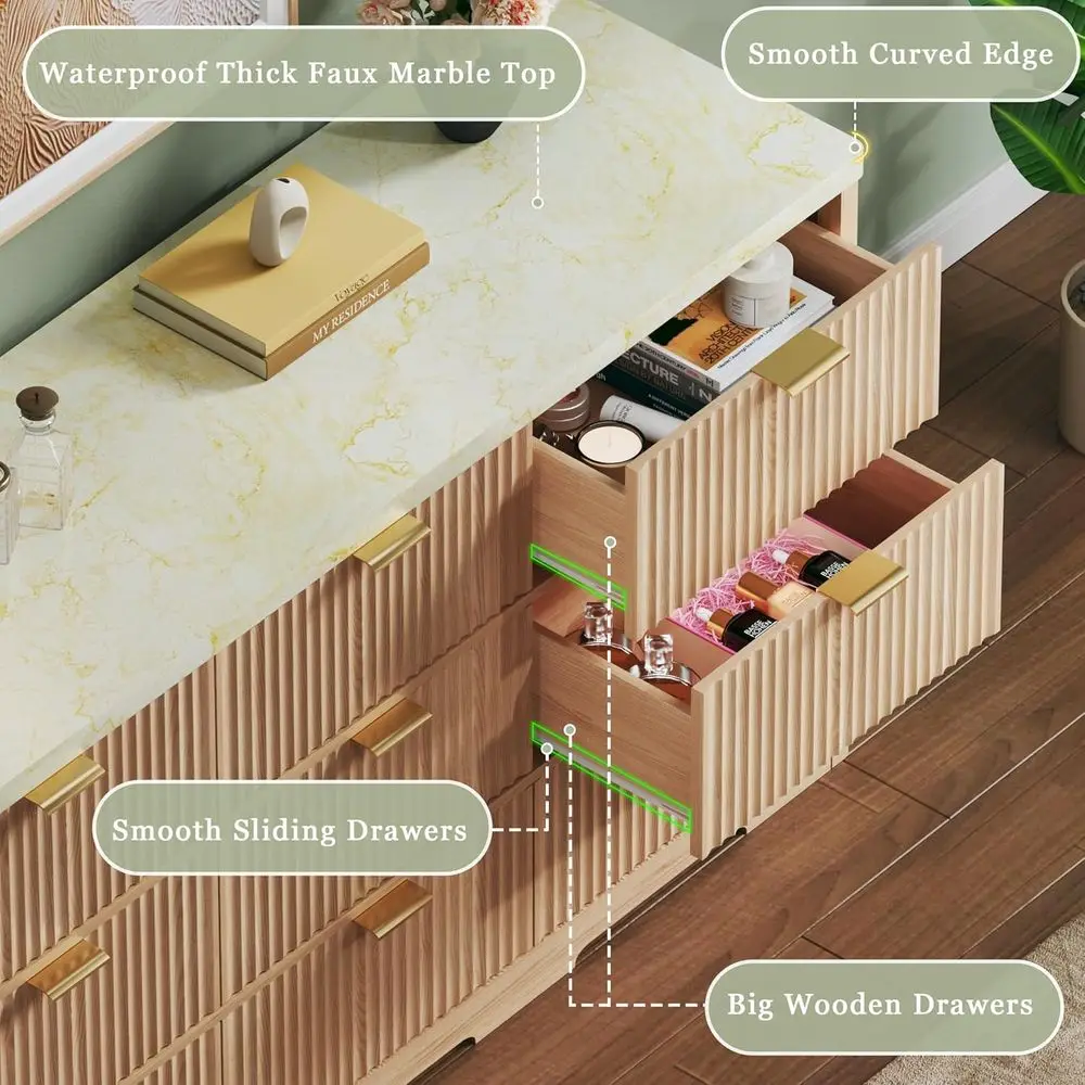19th Century Inspired Drer with 9 Drawers, Marble Top, Wooden Chests, Gold Handles & Curved Profile, Closet Organizer, TV Stand