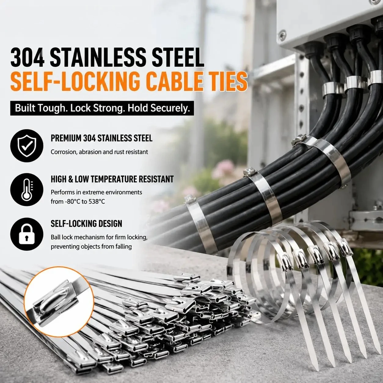 100pcs 304 Stainless Steel Cable Ties Heavy Duty Self Locking Metal Zip Ties Marine Grade High Tensile Strength Rustproof Exhaust Wrap Straps for Outdoor Auto Wire Fence Pipe Shield Packaging Hardware