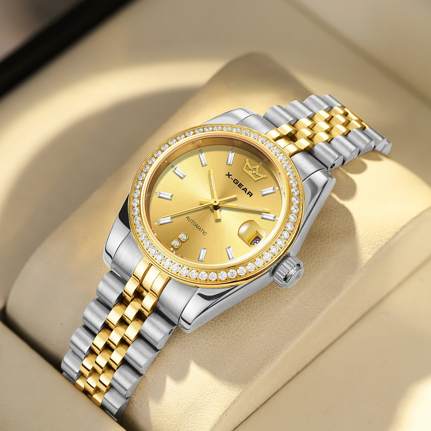 Women's Back Skeleton Automatic Mechanical with Luminous Sparkling Zirconia Diamonds Glamour Watch