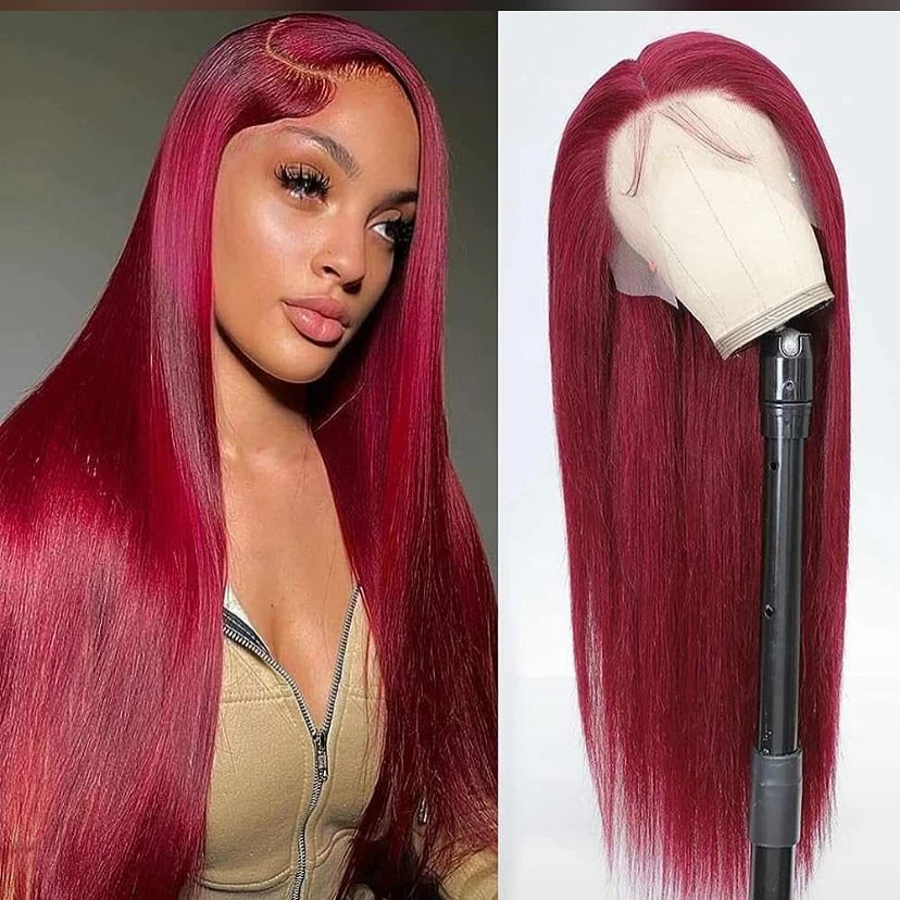 

13x4 Прозрачные кружевные фронтальные парики из натуральных волос 99J Прямые бордовые красные парики с застежкой 4x4 Цветные парики из 100% человеческих волос на продажу