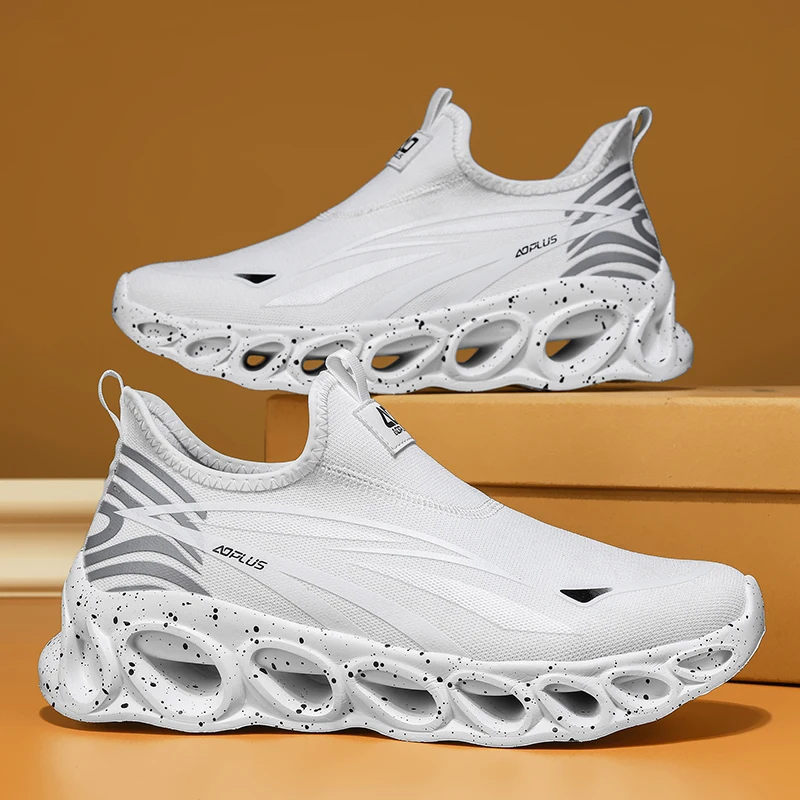 Couple Thick Bottom Slip On Sneakers Hollow Out Cushion Shoes Breathable Mesh No Lace Outdoor Casual Walking Footwear Plus Size - view 2