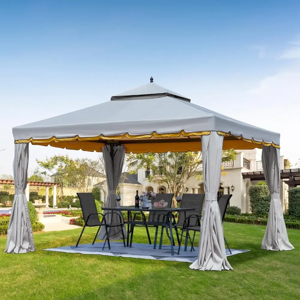 12' x 12'Outdoor Gazebo, Double Roof Patios Gazebos Steel Frame with Netting and Shade Curtains, Patio Gazebo