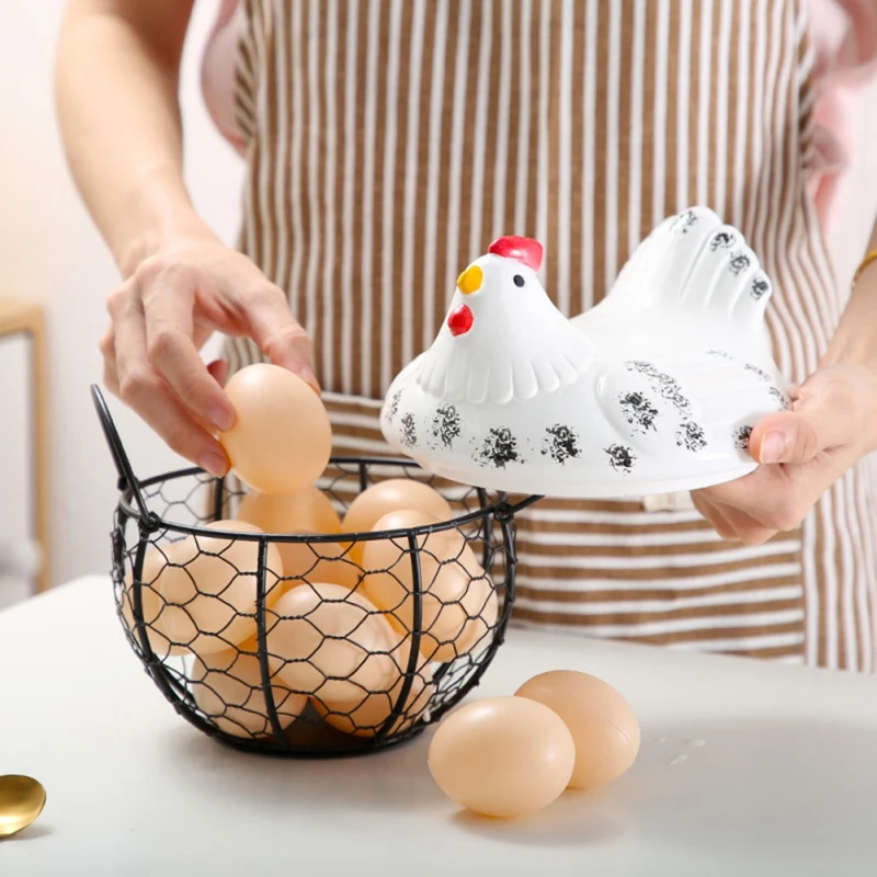 

Egg Holder Iron Chicken Shape Ceramic Hen Ornament Fruit Storage Basket Durable Kitchen Organizer