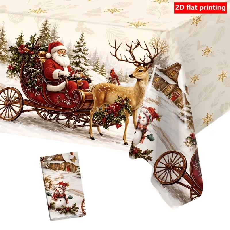 1pc Vintage Christmas Santa Sleigh Reindeer Winter Scene Tablecloth 2D Flat Printed Holiday Dining Table Cover