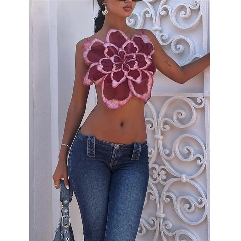 Summer Fashion Tank Top Women Cropped Cute Camis Sexy Crop Tops Female Sleeveless Backless Lace Flower Vest Y2k Clothes