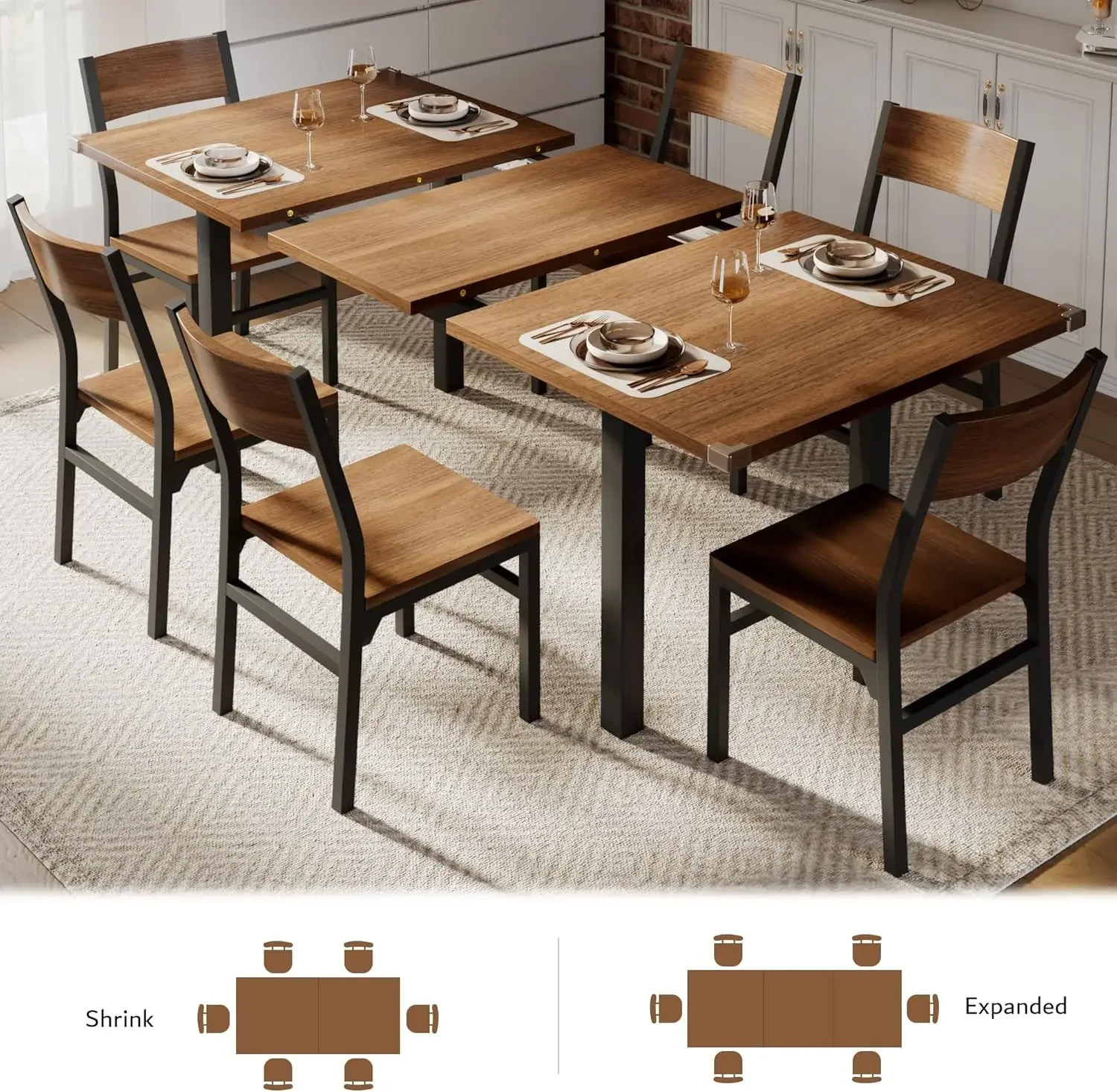 Mesa de jantar de 7 peças com 6 cadeiras, mesa de cozinha extensível de 63" e conjunto de cadeiras para 4-6, mesa de sala de jantar com estrutura de metal