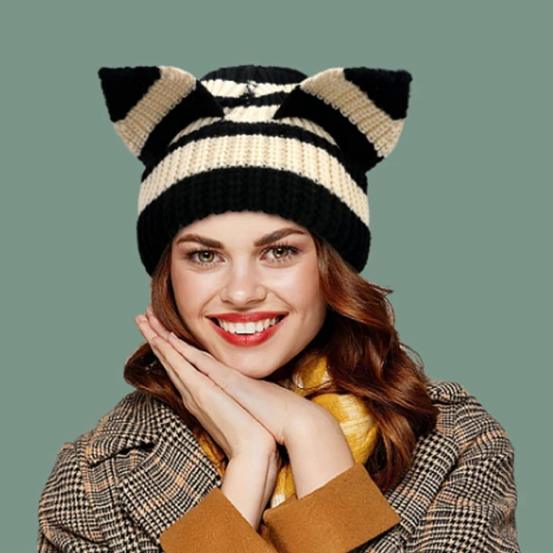 Women Cat Ear Knit Hat Little Devil Striped Knitted Hat Autumn Winter Thicken Warm Beanie Cap Harajuku Soft Crochet Basin Cap