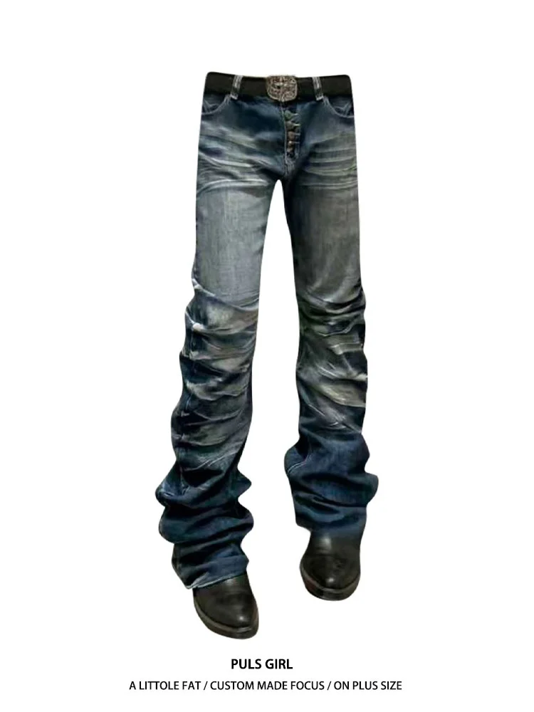 

High Waist Wide Leg Jeans Women's Casual Straight Cut Washed Wave Pattern Knife Denim Pants Spring Summer Autumn Winter