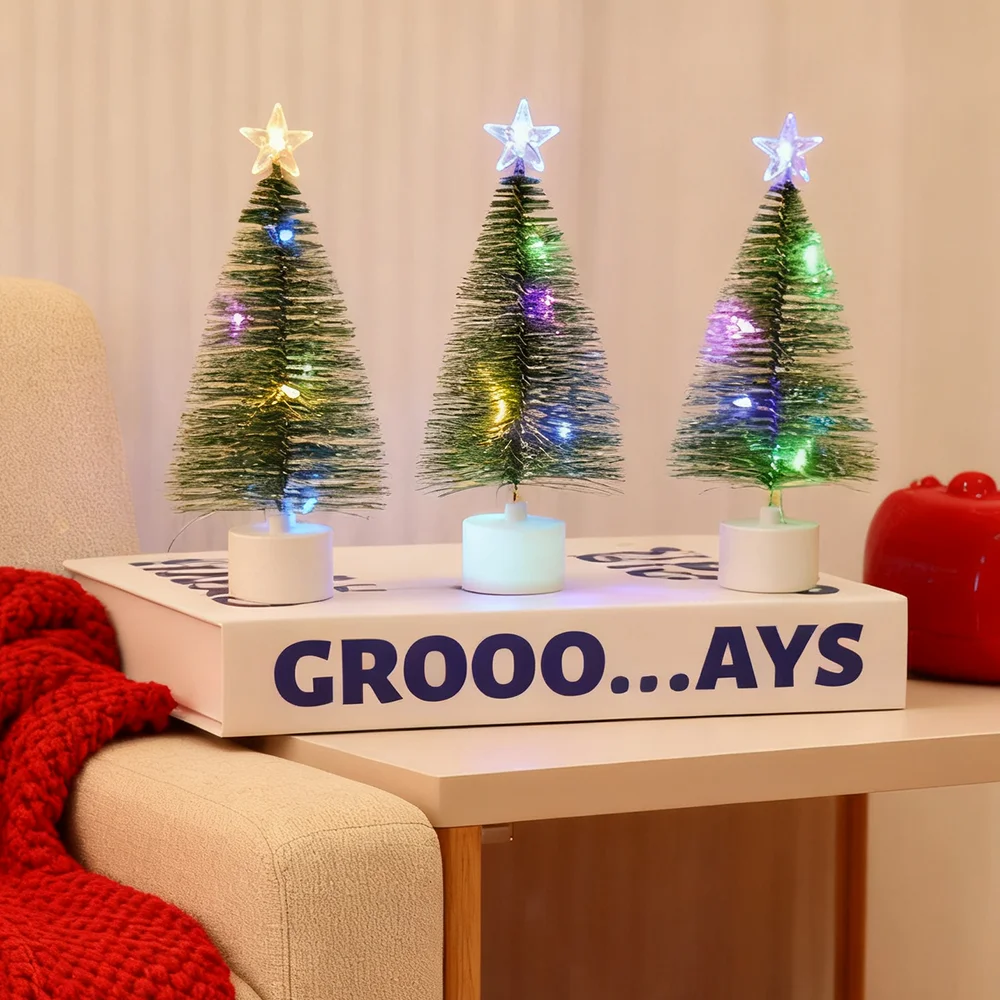 3pc Mini Artificial Christmas Tree with Colorful LED String Lights, Mini with Bases Pine Xmas Tree DIY Christmas Home Decor
