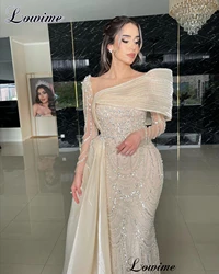 Light Champagne Elegant Cocktail Dresses Mermaid Long Sleeves Engagement Dresses For Women Vestidos De Cóctel Crystals Prom Gown