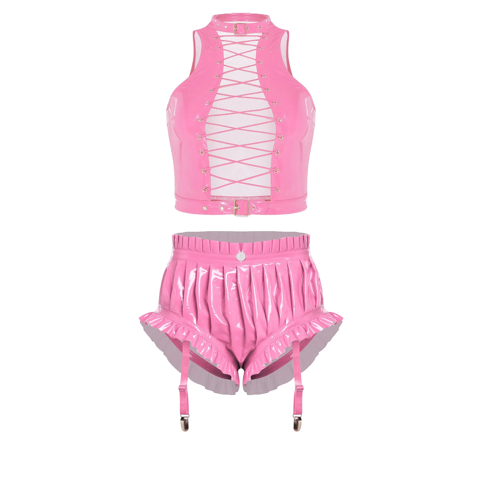 

Womens Glossy PU Club Party Outfit Front Eyelet Lace-up Crop Top And Ruffled Trim Pleated Bloomer Shorts for Jazz Pole Dance