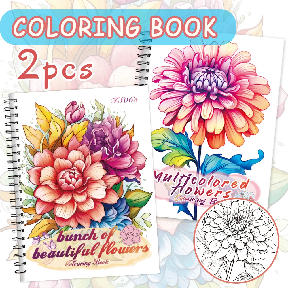 2pcs Floral Coloring Book Set for Women, 30 Unique Designs, 11.2 X 8.3 Inches, Spiral Bound,Perfect Gift for New Year & Holidays